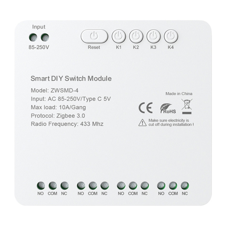 ZigBee 4-channel switch module with voltage-free DC 32V contact Avatto ZWSMMD-4-250V