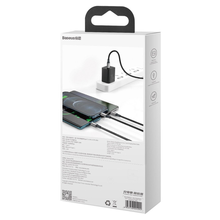 Baseus Rapid Series Cavo 3-in-1 USB-C per M+L+T 20W 1.5m Nero