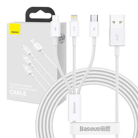 Baseus Superior Series Cavo USB 3in1 Micro USB / USB-C / Lightning 1.5m Bianco