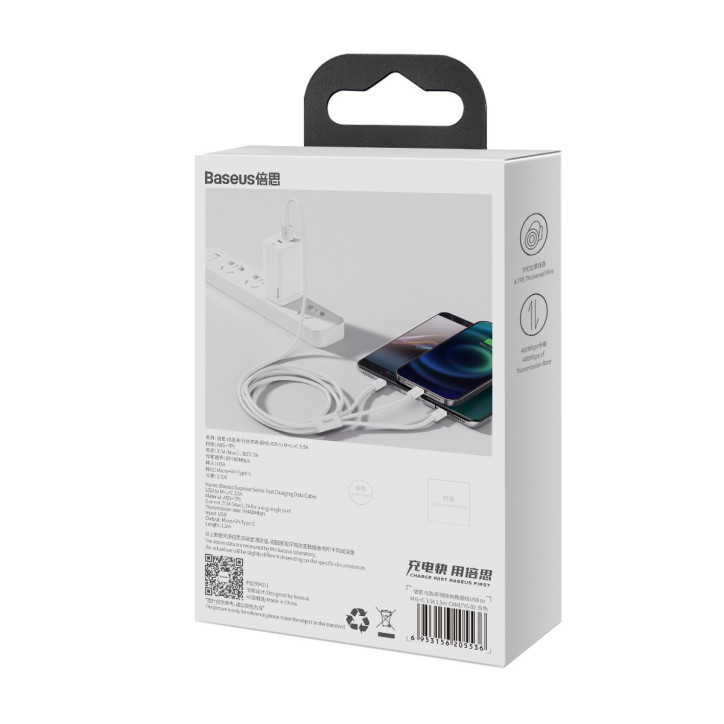 Baseus Superior Series Cavo USB 3in1 Micro USB / USB-C / Lightning 1.5m Bianco