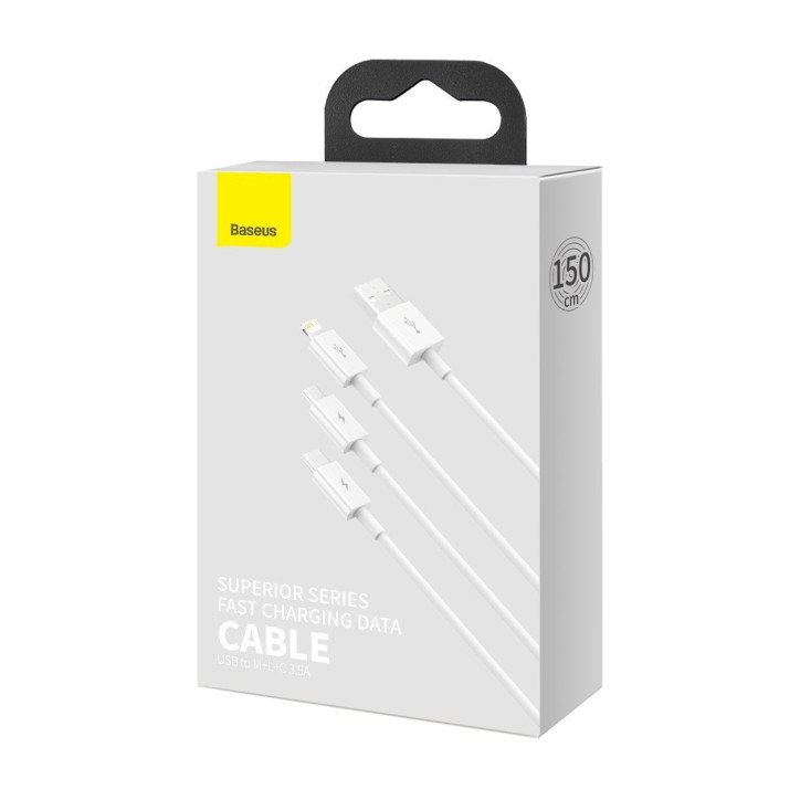Baseus Superior Series Cavo USB 3in1 Micro USB / USB-C / Lightning 1.5m Bianco