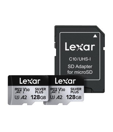 Set of 2 Lexar High-Performance Silver Plus microSDXC 2x128GB memory cards + adapter