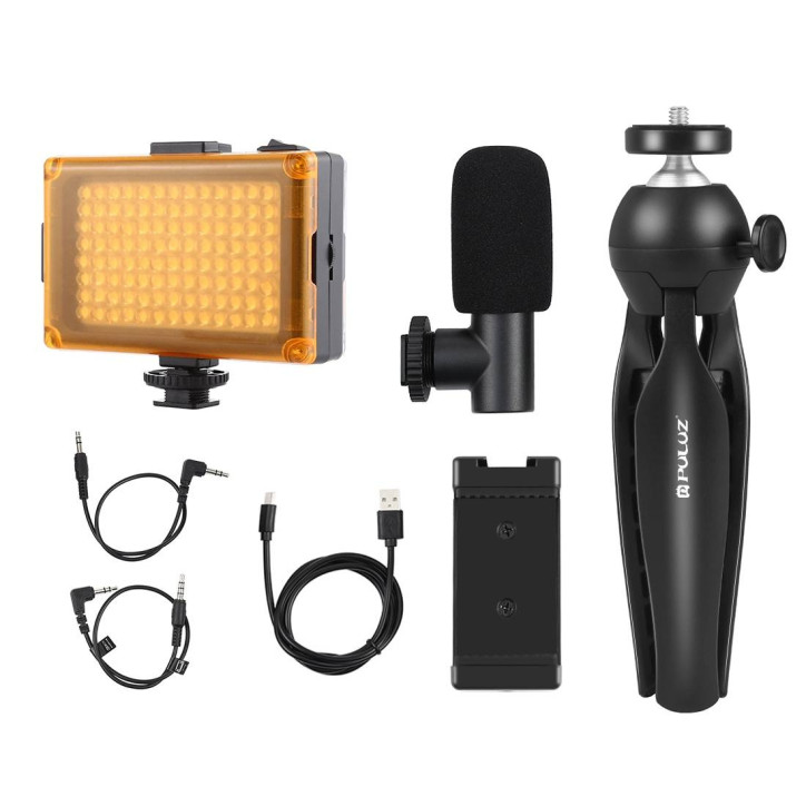 Puluz Set Registrazione Live: Treppiede + Luce LED + Microfono + Clip Telefono PKT3132B Puluz Set Registrazione Live: Treppiede + Luce LED + Microfono + Clip Telefono PKT3132B