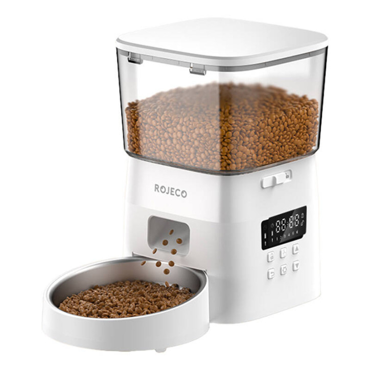 Rojeco 2L Mangiatoia Automatica per Animali Domestici Versione Pulsante (Bianco)