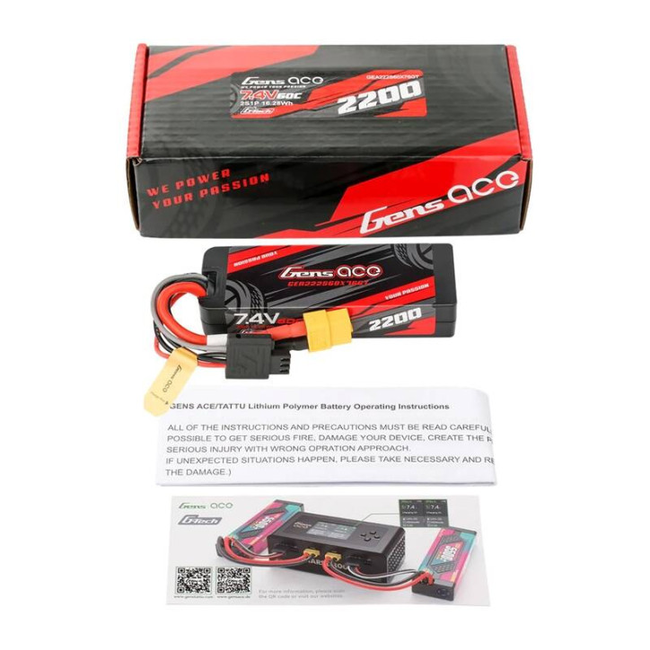 Lipo Gens ace G-Tech 2200mAh 7.4V 2S1P 60C GRP-76 Hardcase Battery con XT60 Plug