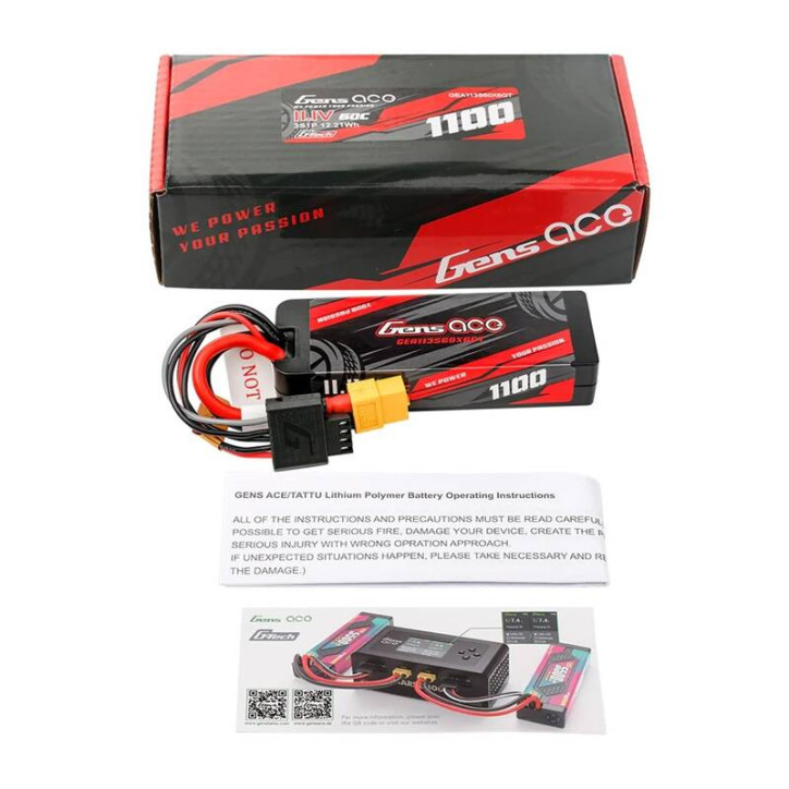 Lipo Gens ace G-Tech 1100mAh 11.1V 3S1P 60C GRP-76 Hardcase Battery con XT60 Plug