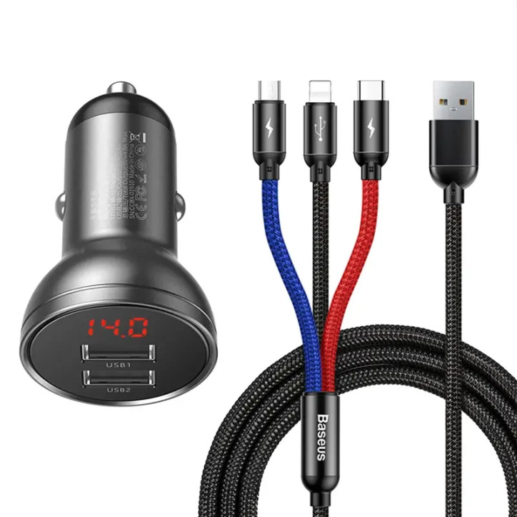 Baseus Car Charger 24W con Display + Cavo USB 3in1 1.2m
