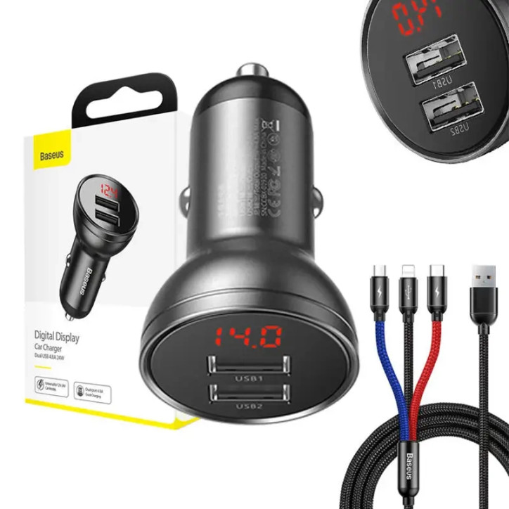 Baseus Car Charger 24W con Display + Cavo USB 3in1 1.2m