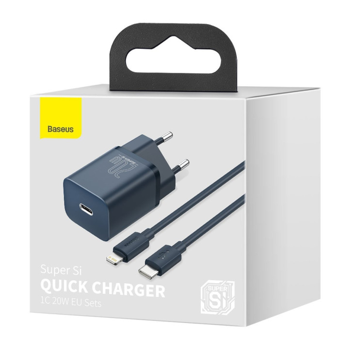 Baseus Super Si Quick Charger 1C 20W Caricatore USB-C con cavo Lightning 1m Blu Baseus Super Si Quick Charger 1C 20W Caricatore USB-C con cavo Lightning 1m Blu