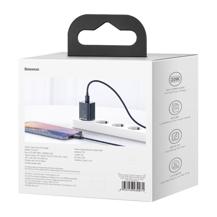 Baseus Super Si Quick Charger 1C 20W Caricatore USB-C con cavo Lightning 1m Blu Baseus Super Si Quick Charger 1C 20W Caricatore USB-C con cavo Lightning 1m Blu