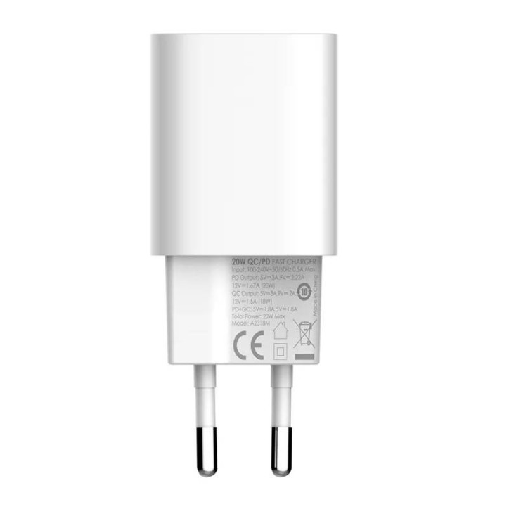 LDNIO A2318M Caricatore da Muro USB-C + USB-A 20W Bianco con cavo USB-C Lightning