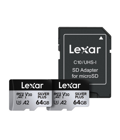 Set 2x Lexar High-Performance Silver Plus microSDXC 64GB con Adattatore