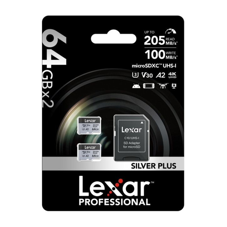 Set 2x Lexar High-Performance Silver Plus microSDXC 64GB con Adattatore