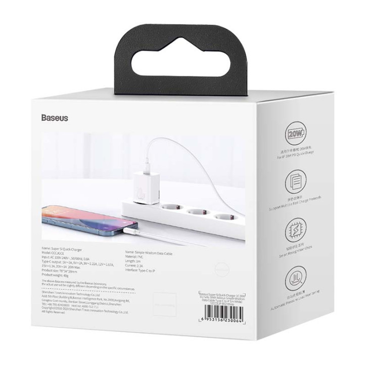 Baseus Super Si Quick Charger 1C 20W Bianco con cavo USB-C Lightning 1m Baseus Super Si Quick Charger 1C 20W Bianco con cavo USB-C Lightning 1m