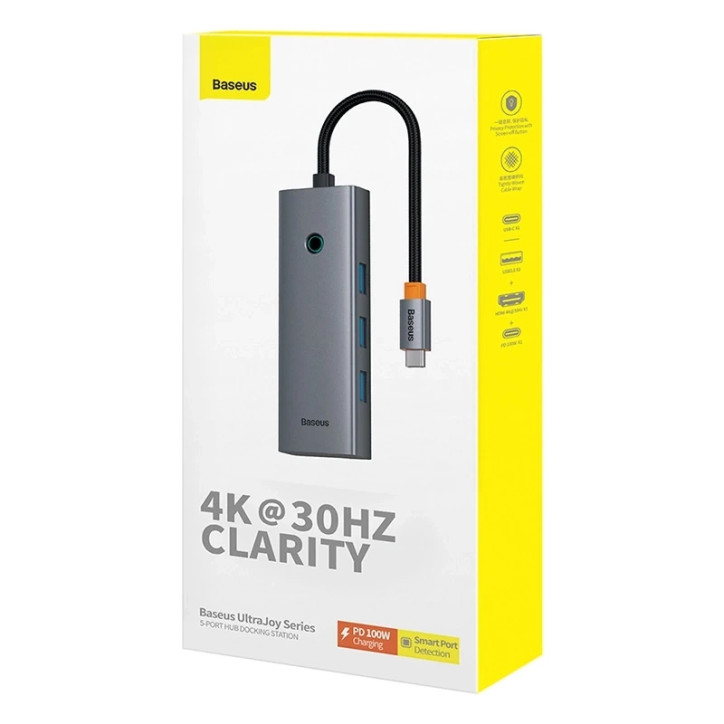 Baseus UltraJoy Series Hub USB-C 5-in-1 Grigio HDMI 4K 3xUSB 3.0 PD Baseus UltraJoy Series Hub USB-C 5-in-1 Grigio HDMI 4K 3xUSB 3.0 PD