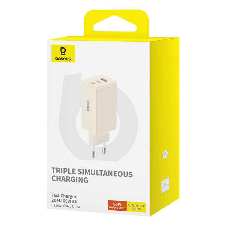 Caricatore Baseus GaN5 65W 2x USB-C + USB Bianco con cavo 1m Caricatore Baseus GaN5 65W 2x USB-C + USB Bianco con cavo 1m