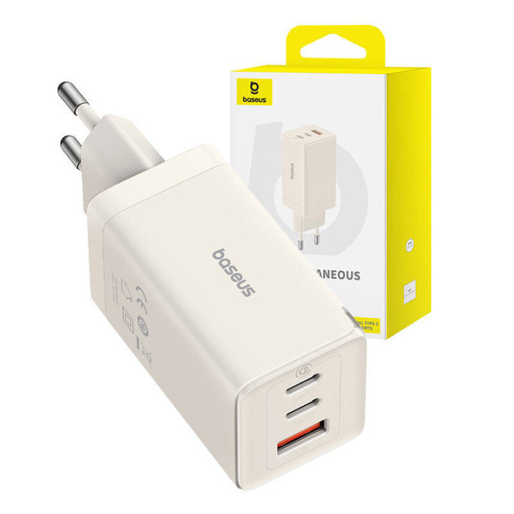 Caricatore Baseus GaN5 65W 2x USB-C + USB Bianco con cavo 1m Caricatore Baseus GaN5 65W 2x USB-C + USB Bianco con cavo 1m