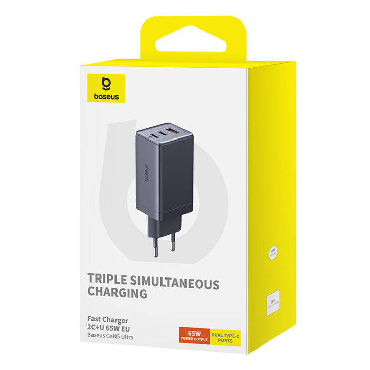Caricatore Baseus GaN5 65W 2x USB-C + USB Grigio con Cavo 1m Caricatore Baseus GaN5 65W 2x USB-C + USB Grigio con Cavo 1m