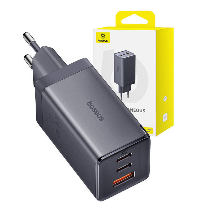Caricatore Baseus GaN5 65W 2x USB-C + USB Grigio con Cavo 1m Caricatore Baseus GaN5 65W 2x USB-C + USB Grigio con Cavo 1m