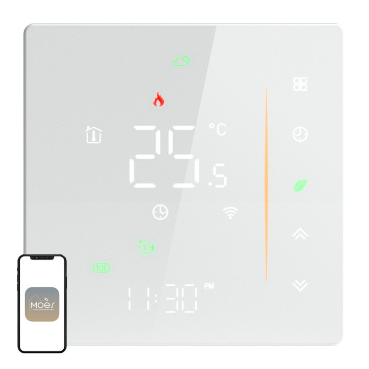 Moes Termostato Smart Wi-Fi WHT-006-GB-WH per Riscaldamento Elettrico Bianco Moes Termostato Smart Wi-Fi WHT-006-GB-WH per Riscaldamento Elettrico Bianco