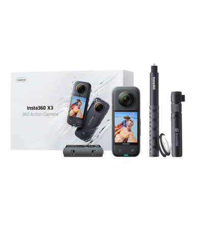 Action cam 360° Insta360 X3 Creator Kit, asta selfie e batteria extra