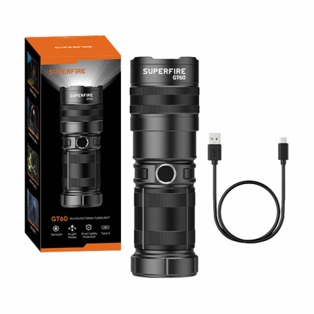 Torcia Superfire GT60 da 2600 lm con USB-C e luce posteriore, nero