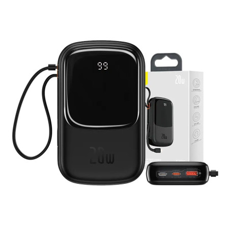 Powerbank Baseus Qpow PRO 20000mAh, 20W con cavo Lightning, USB-C e USB (Nero)