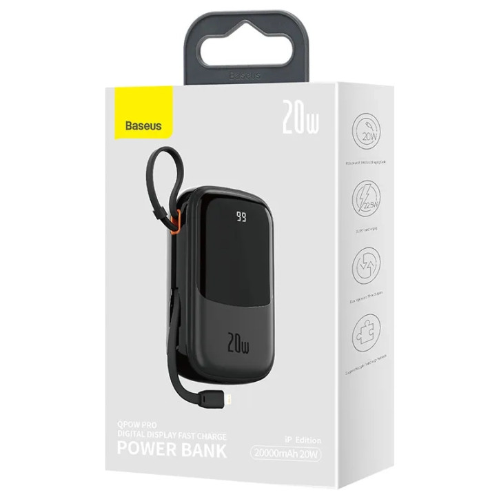 Powerbank Baseus Qpow PRO 20000mAh, 20W con cavo Lightning, USB-C e USB (Nero)