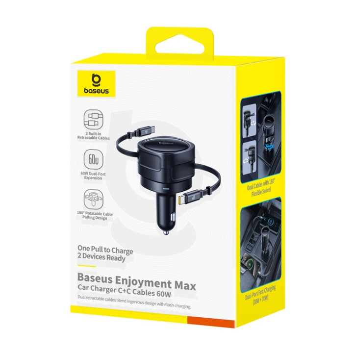 Caricatore da auto Baseus Enjoyment Max con cavi USB-C+USB-C 60W Nero