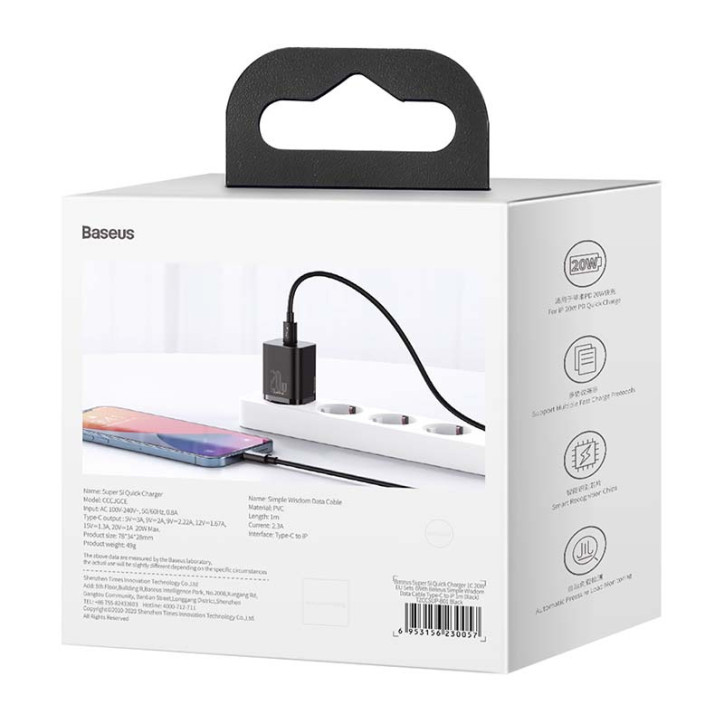 Baseus Super Si Quick Charger 1C 20W con cavo USB-C Lightning 1m Nero