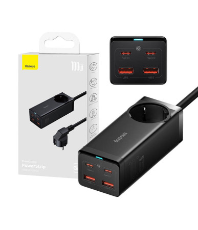 Baseus GaN3 Pro Ciabatta Elettrica 100W 2xUSB-C + 2xUSB-A + AC Nero