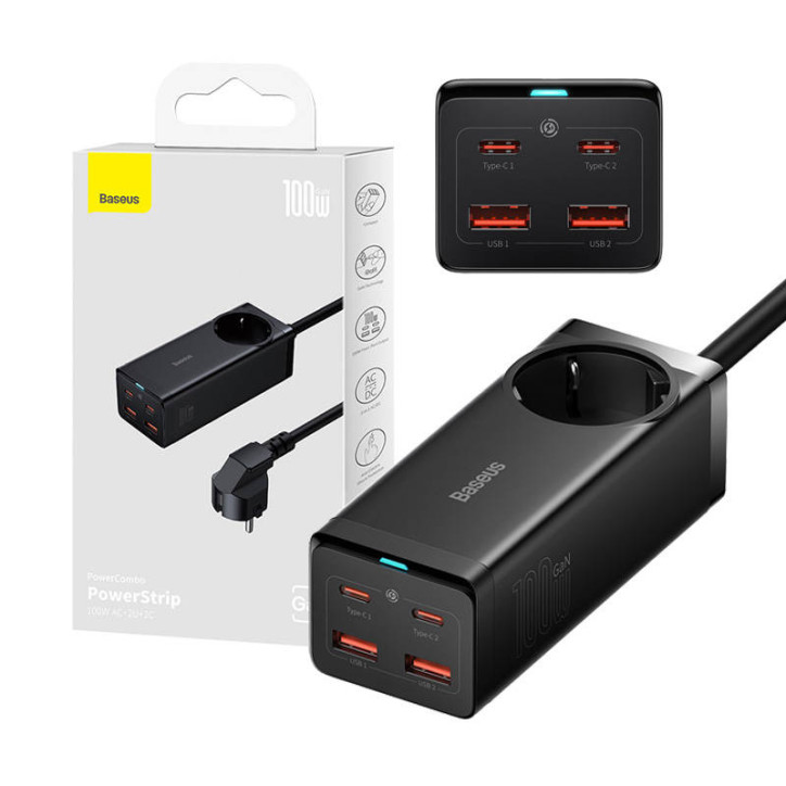 Baseus GaN3 Pro Caricatore da Muro / Multipresa 2xUSB + 2xUSB-C + AC, 100W (Nero)