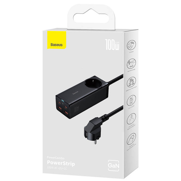 Baseus GaN3 Pro Ciabatta Elettrica 100W 2xUSB-C + 2xUSB-A + AC Nero