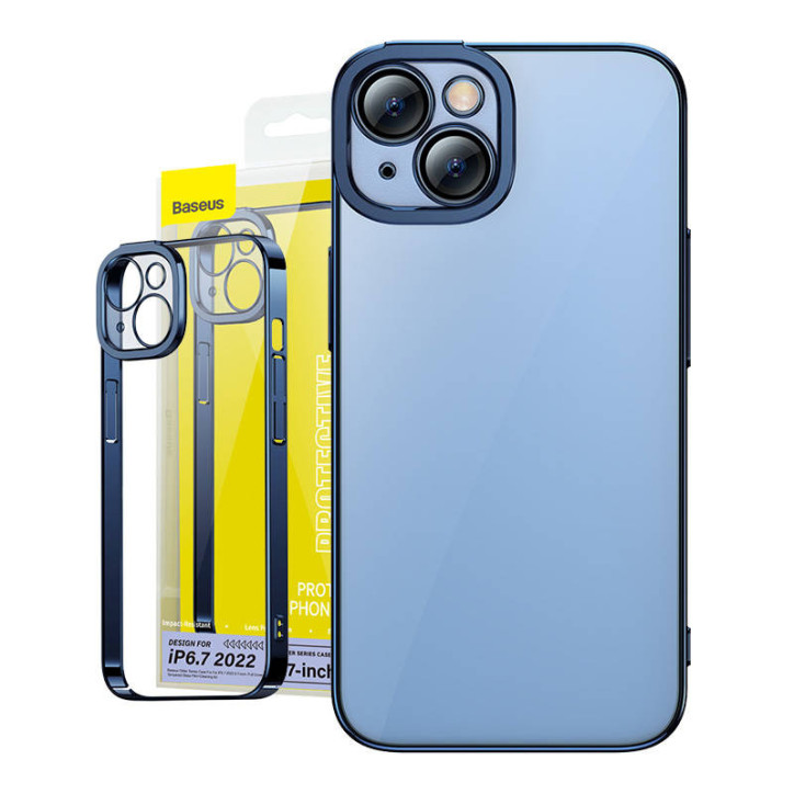 Baseus Glitter Set Cover Trasparente e Vetro Temperato per iPhone 14 Plus Blu
