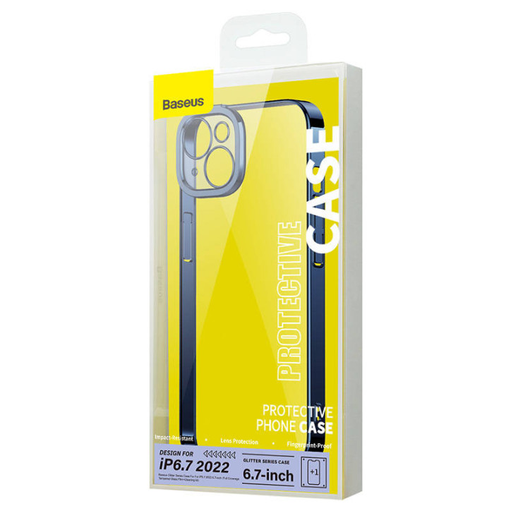 Baseus Glitter Transparent Case and Tempered Glass set for iPhone 14 Plus (blue)