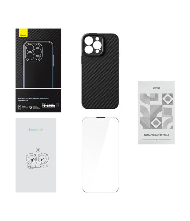 Baseus Synthetic Fiber Series Cover iPhone 14 Pro Nero con Vetro Temperato