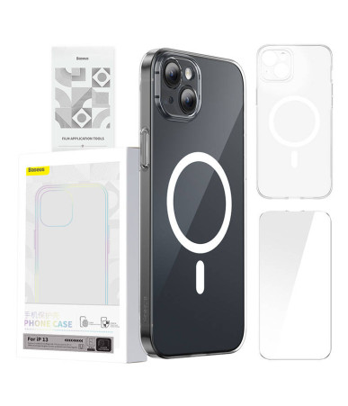 Phone case Baseus Magnetic Crystal Clear for iPhone 13 (transparent) with all-tempered-glass screen protector and cleaning kit