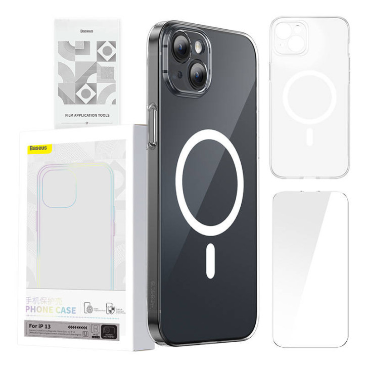 Cover Baseus Magnetic Crystal Clear per iPhone 13 (Trasparente) con proteggi schermo in vetro temperato e kit pulizia