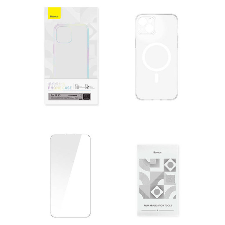 Baseus Magnetic Crystal Clear Cover iPhone 13 con Protezione Schermo in Vetro Temperato e Kit Pulizia Trasparente