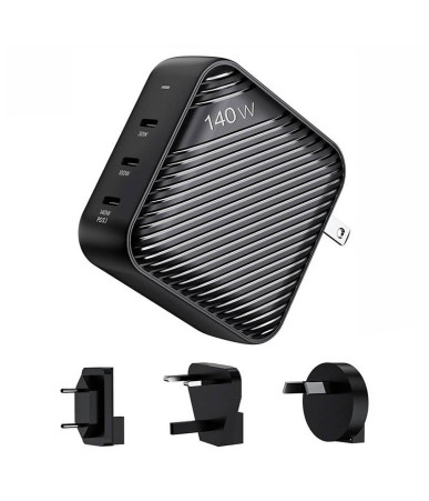 Wall charger INVZI GanHub 3x USB-C, 140W, EU/UK/AU/US (black)