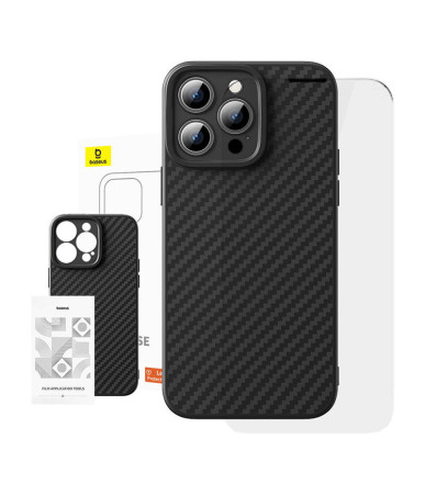 Case Baseus Synthetic Fiber iPhone 15 Pro + tempered glass