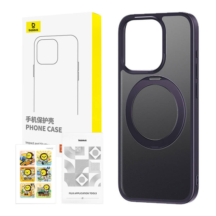 Cover per iP 14 Pro Baseus SkyRing 360° Viola con supporto + vetro temperato e kit pulizia e kit pulizia Cover per iP 14 Pro Baseus SkyRing 360° Viola con supporto + vetro temperato e kit pulizia e kit pulizia