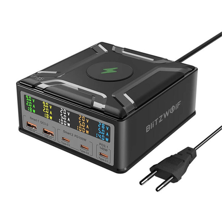 Blitzwolf BW-S28 260W, 2xUSB-A, 3xUSB-C, Caricatore Wireless 15W (Nero)