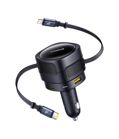 Baseus Enjoyment Max car charger with USB-C+Lightning cables and USB-A+USB-C ports 90W Black