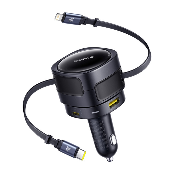 Baseus Enjoyment Max car charger with USB-C+Lightning cables and USB-A+USB-C ports 90W Black