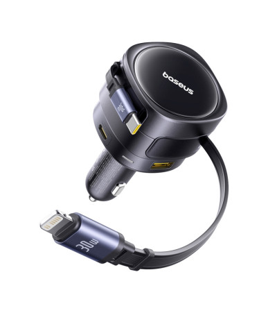 Baseus Enjoyment Max car charger with USB-C+Lightning cables and USB-A+USB-C ports 90W Black