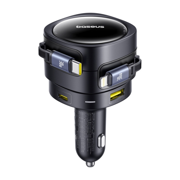 Baseus Enjoyment Max car charger with USB-C+Lightning cables and USB-A+USB-C ports 90W Black