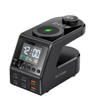 Blitzwolf BW-FW10 Sveglia Caricatore 240W 4xUSB-C 2xUSB-A Wireless Nero