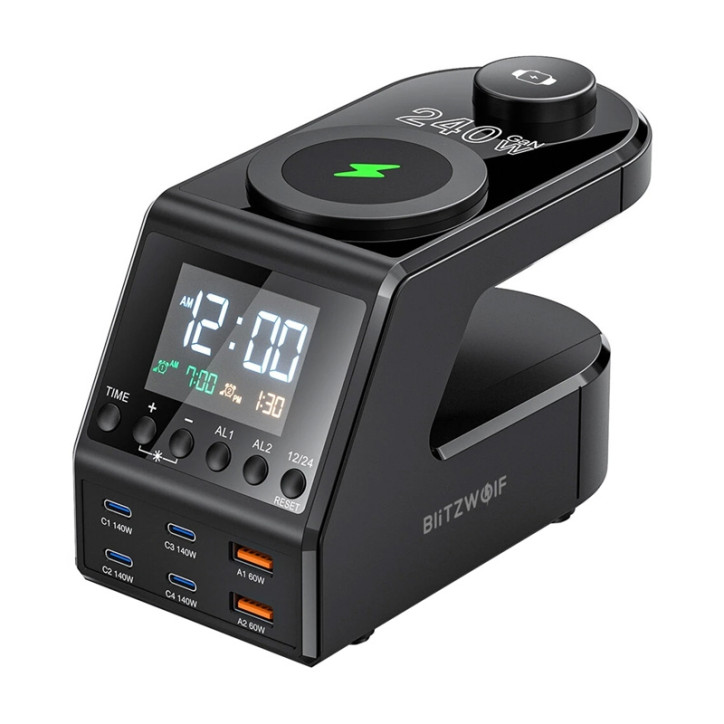 Blitzwolf BW-FW10 Sveglia Caricatore 240W 4xUSB-C 2xUSB-A Wireless Nero