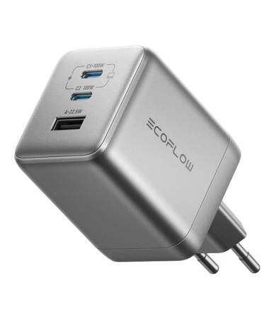 EcoFlow RAPID Pro Caricatore da Rete 100W GaN 2xUSB-C 1xUSB-A Argento